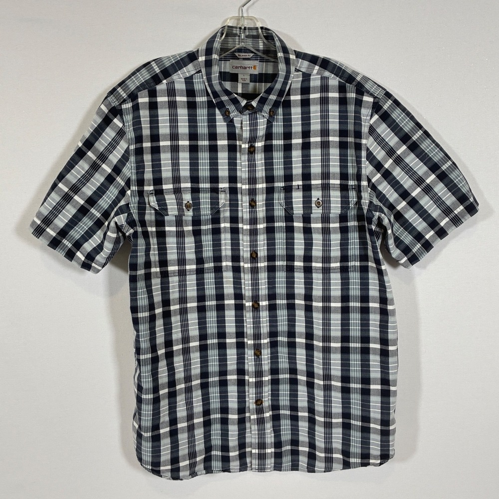 Carhartt Mens Large Navy Blue Plaid Relaxed Fit Short Sleeve Button Down Shirt